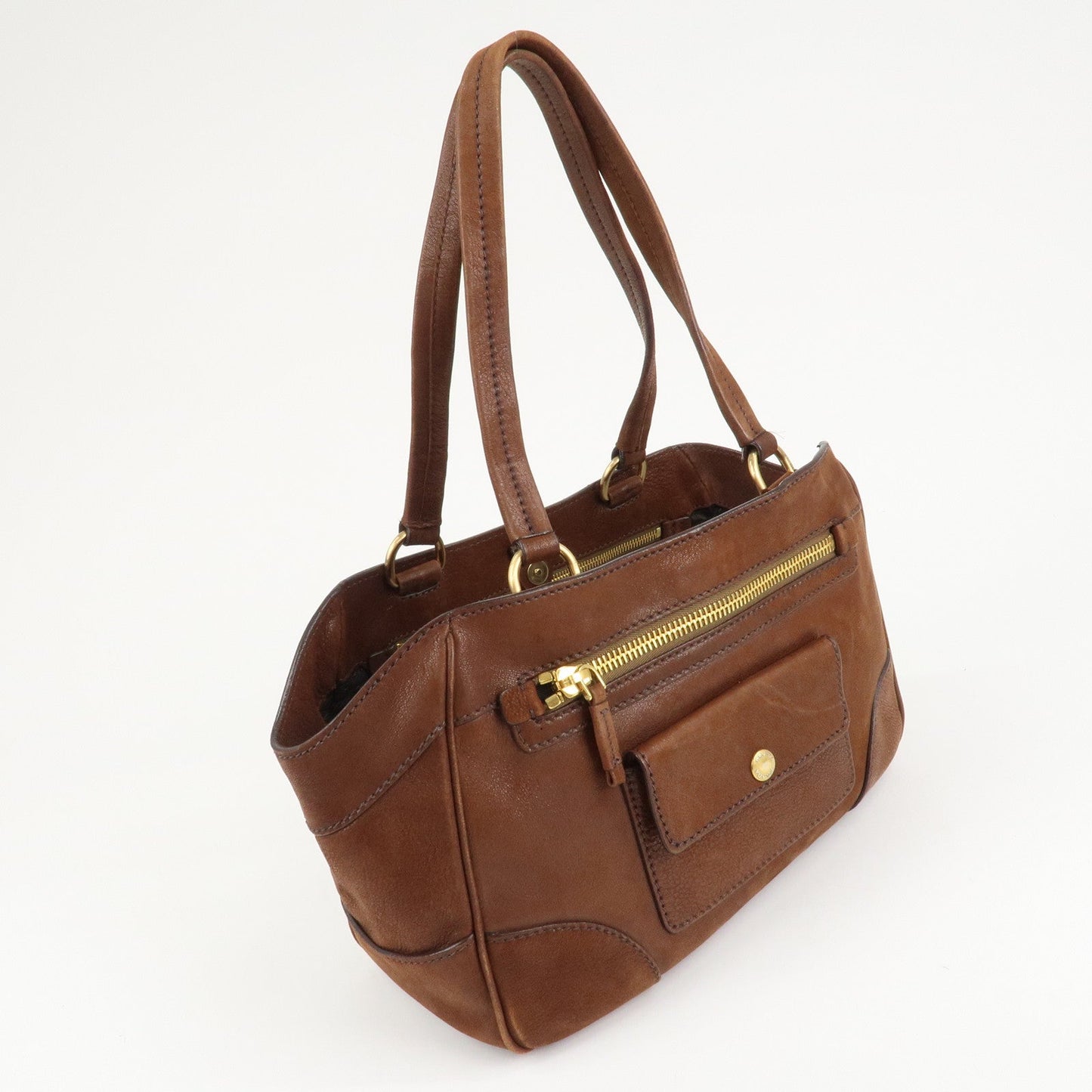 PRADA Triangle Logo Leather Tote Bag Brown Gold Hardware