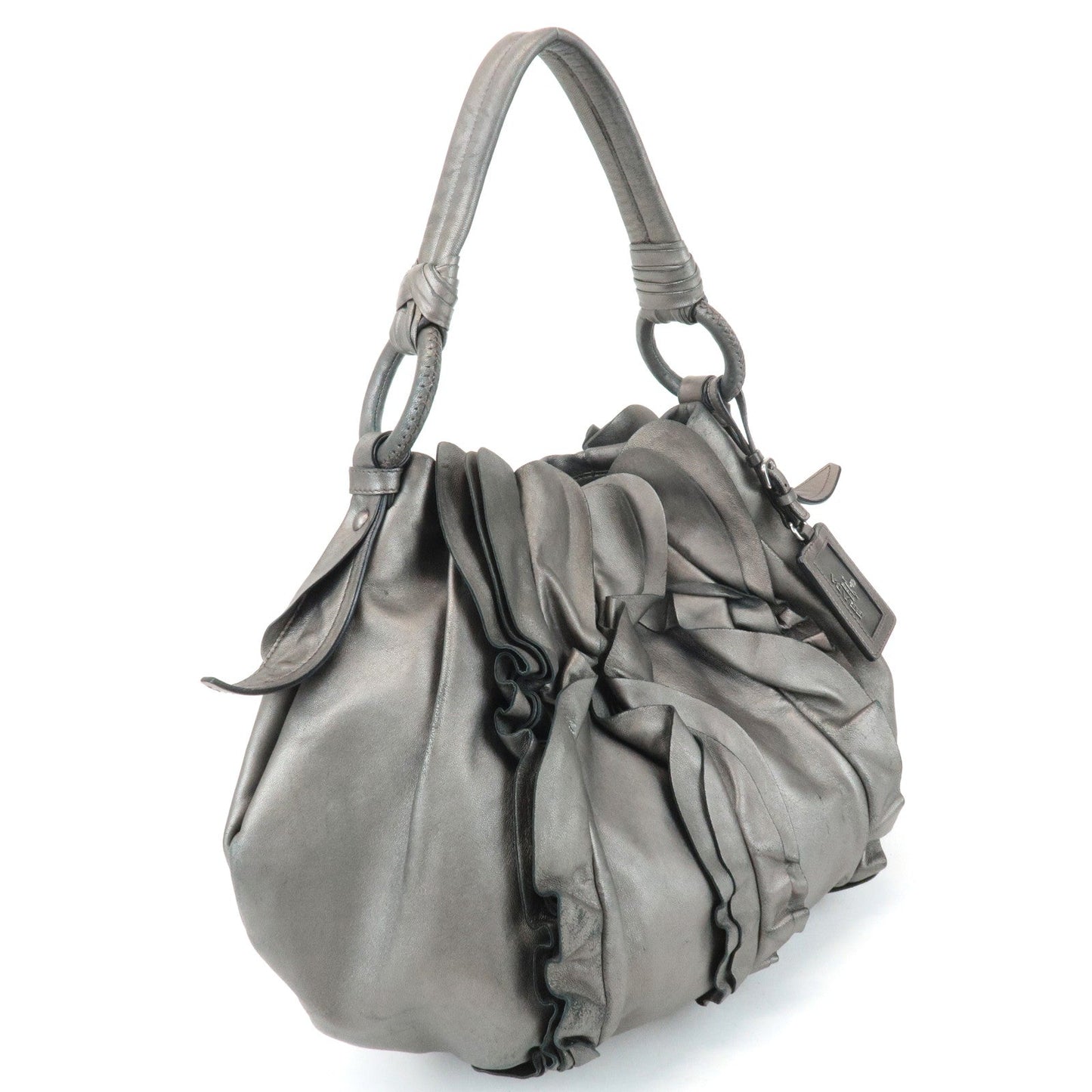 PRADA Leather Gathered 2WAY Shoulder Bag Hand Bag Silver Gray