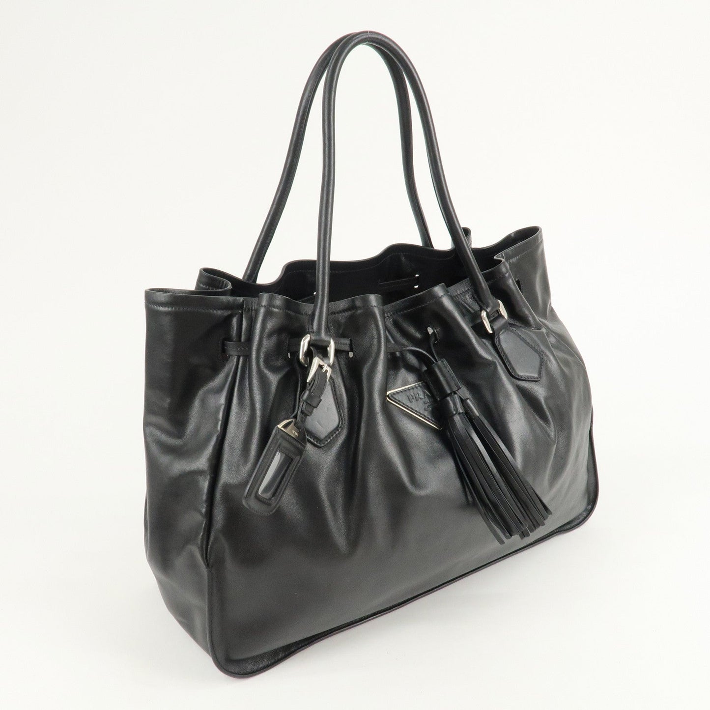 PRADA Leather Tote Bag Shoulder Bag Black BR3616
