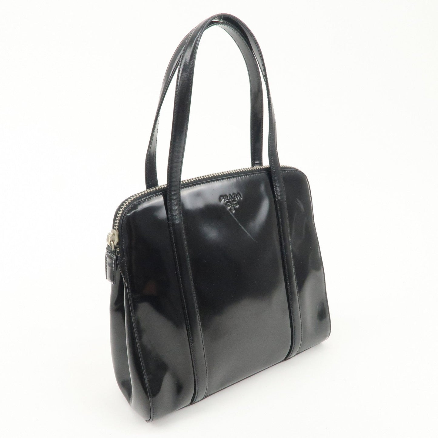 PRADA Patent Leather Tote Bag Hand Bag Black Silver HDW