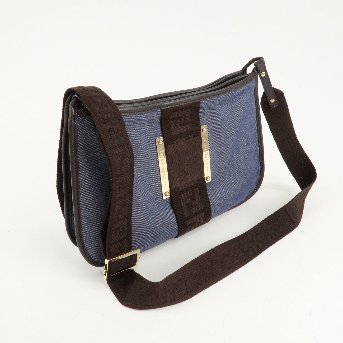 FENDI Zucca Denim Leather Shoulder Bag Cross Body Bag 8BT034