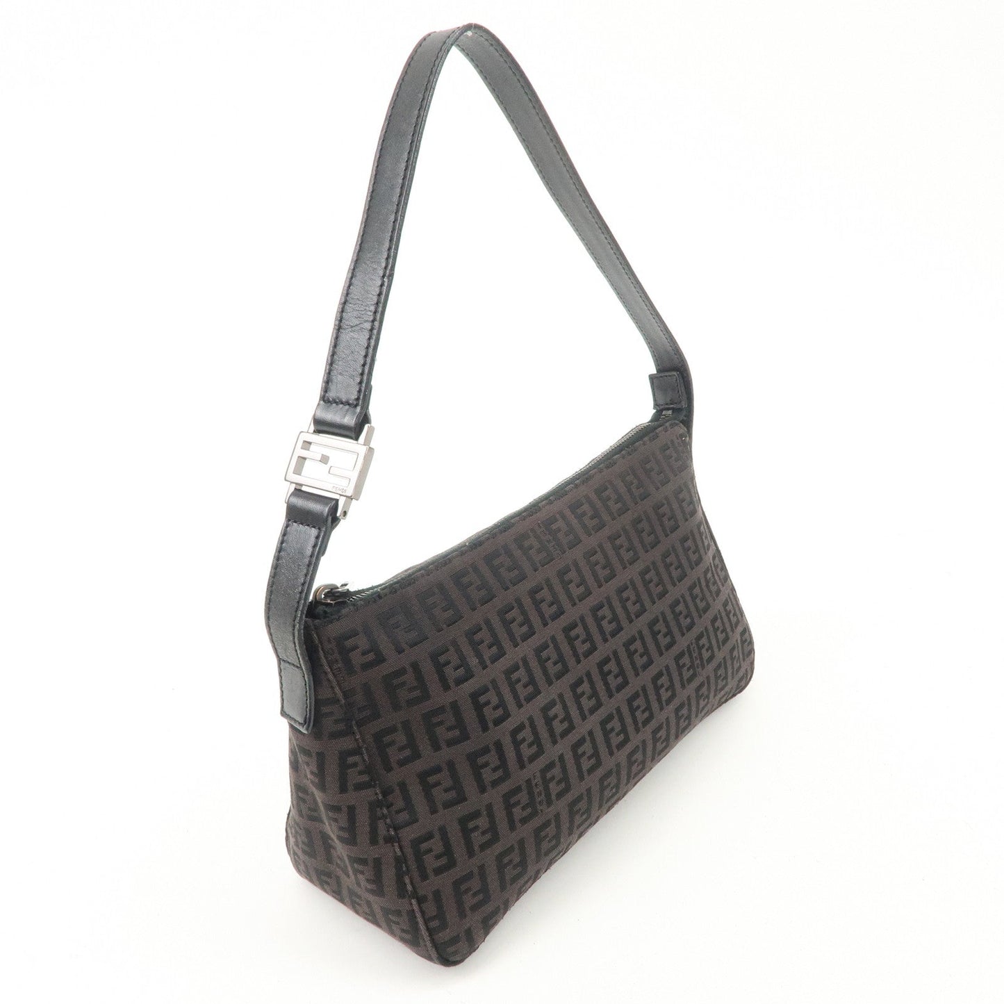 FENDI Zucchino Canvas Leather Shoulder Bag Dark Brown 8BR444