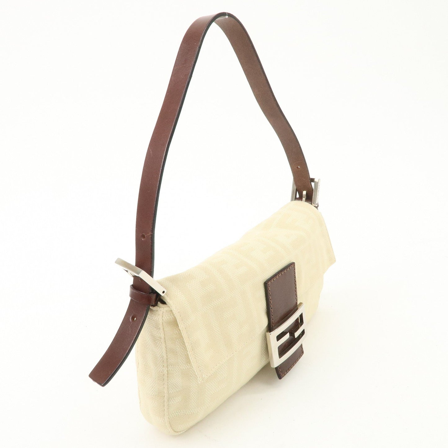 FENDI Zucca Mamma Baguette Canvas Shoulder Bag Beige White 26424