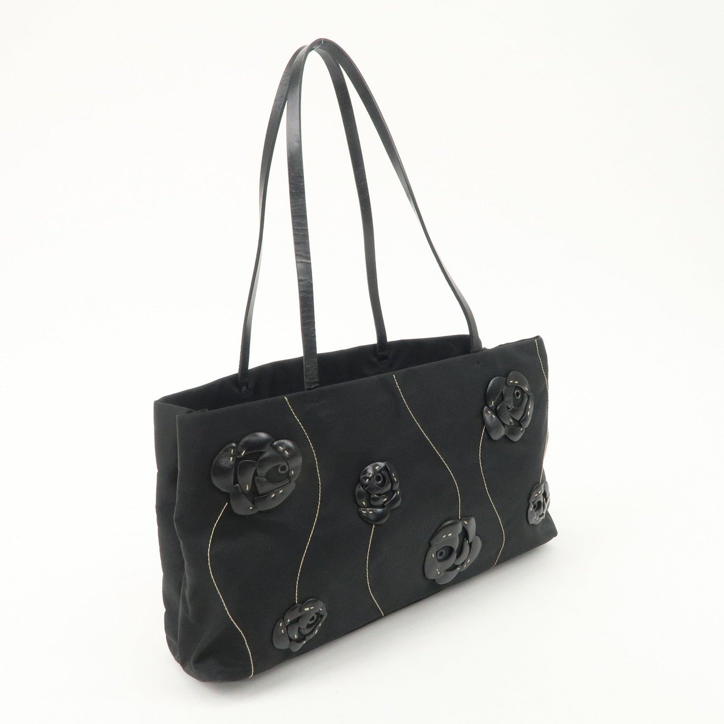 PRADA Traiangle Logo Nylon Leather Flower Tote Bag Black B11033