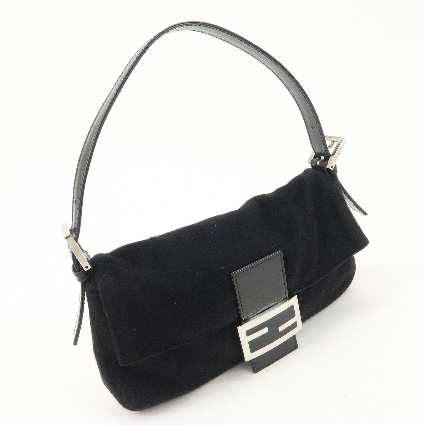 FENDI Mamma Baguette Cashmere Leather Shoulder Bag  Black 26424
