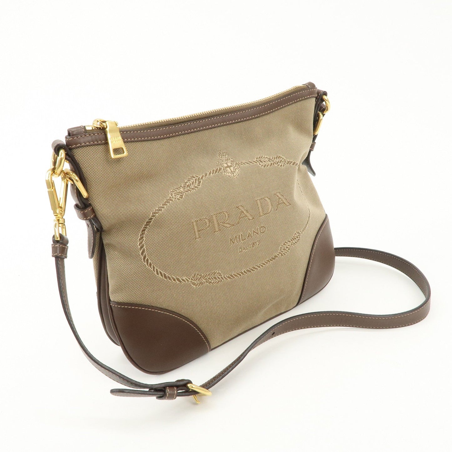 PRADA Logo Jaguard Leather Shoulder Bag Crossbody Bag Beige Brown