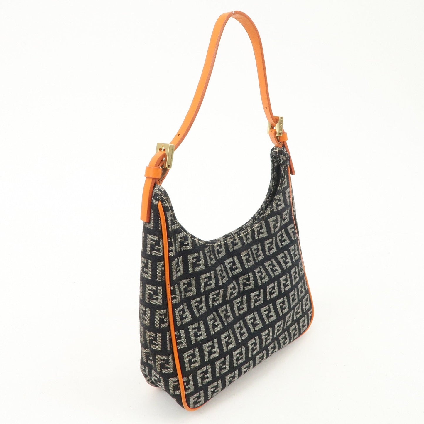 FENDI Zucchino Canvas Leather Shoulder Bag Black White 8BR157