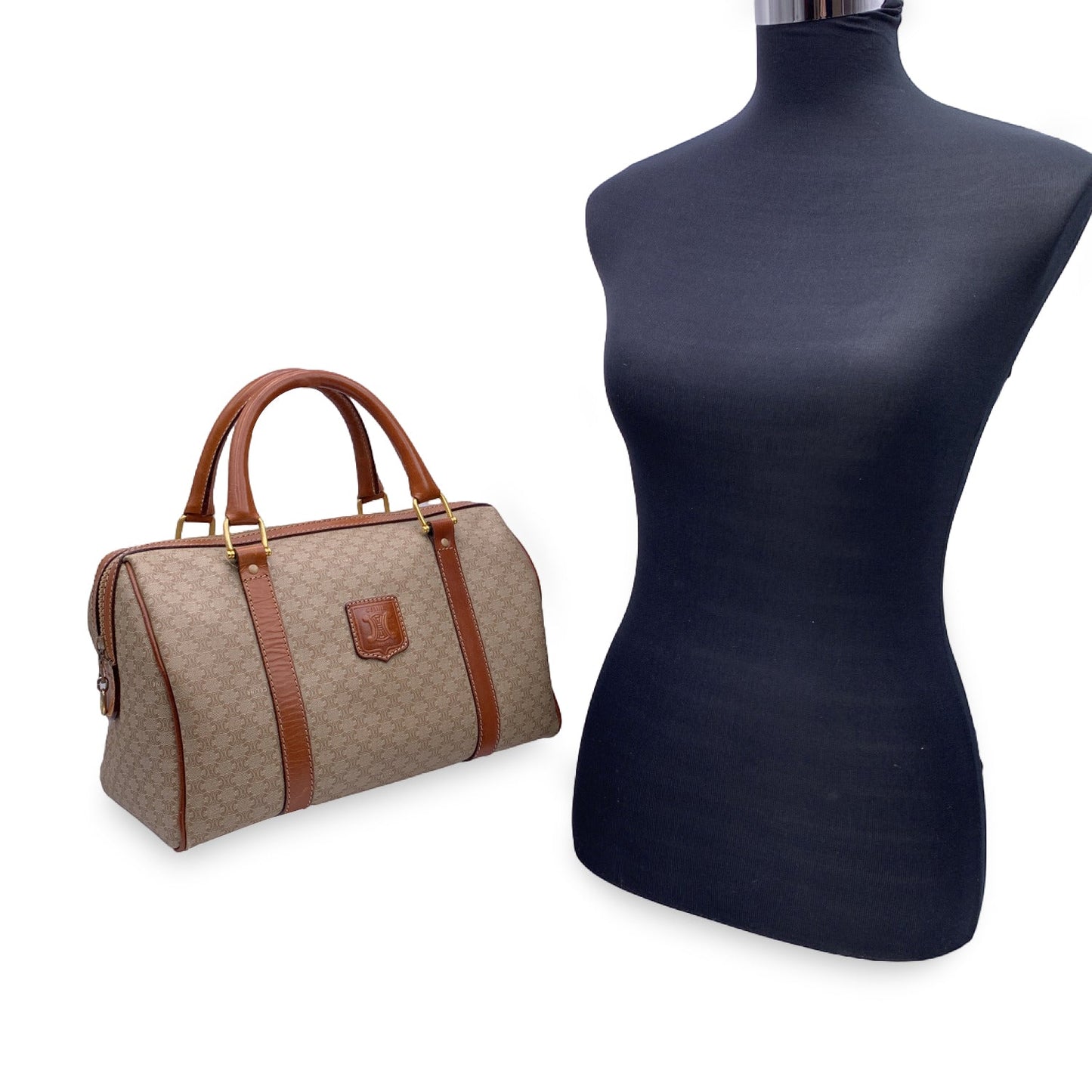 Luxury CELINE Beige Macadam Canvas Duffel Duffle Boston Bag