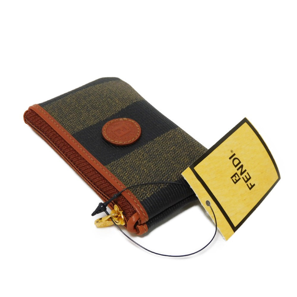 FENDI Coin case fabric Kaiqi Striped Brown Keyring Vintage FF logo Old Pecan Coin Purse unisex(Unisex)