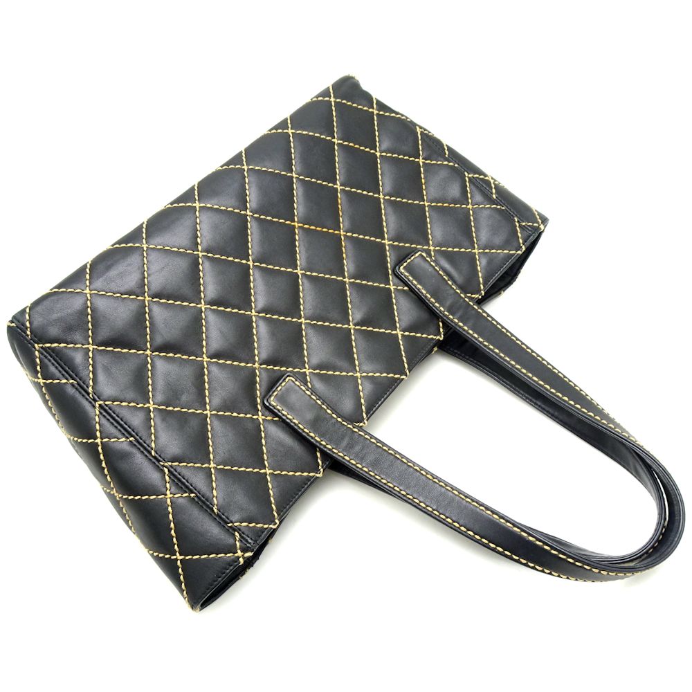 Chanel Tote Bag Wild Stitch Calf Black x Gold Metal Fittings