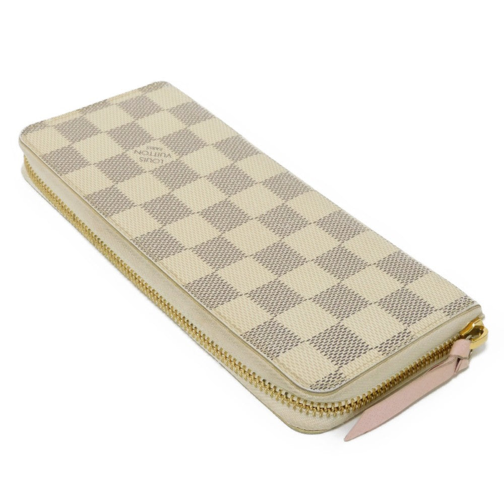 LOUIS VUITTON Long Wallet Purse N61264 Damier Azur canvas x grained leather (embossed) Rose valerine logo Ivory Zip Around Damier Azur Portefeuille Clemence Women