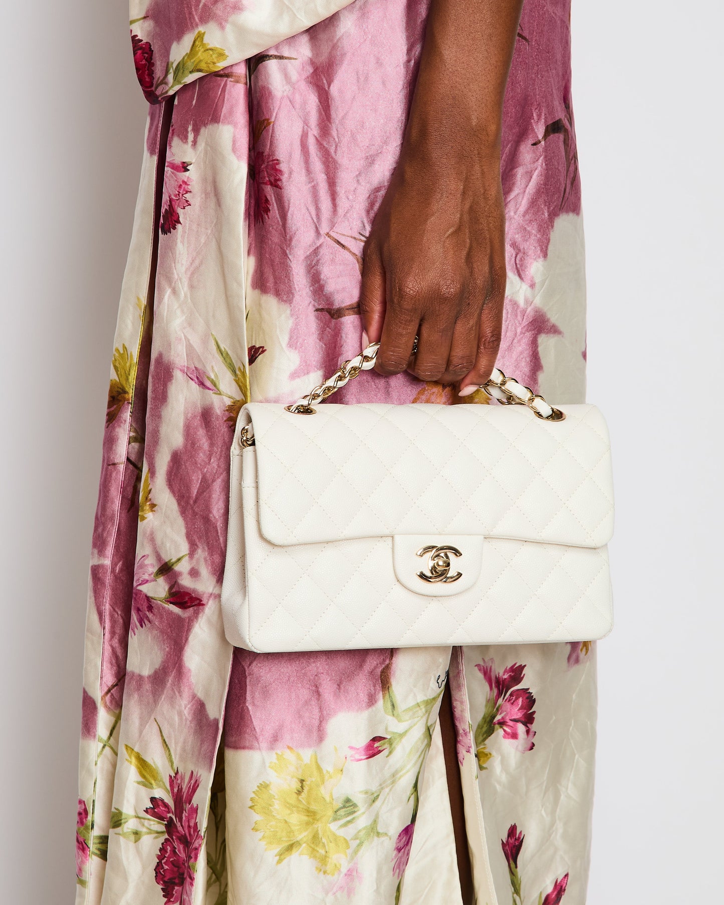 Chanel Small Classic Double Flap Bag in White Caviar Leather with Champagne Gold Hardware