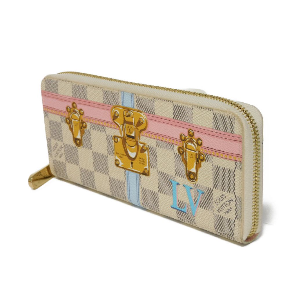 LOUIS VUITTON Long Wallet Purse N60109 Damier Azul Canvas (LV Trunk Print) x Grain Leather Rose valerine LV logo trompe l'oeil Damier As Summer Trunk Portefeuille Clemence Women