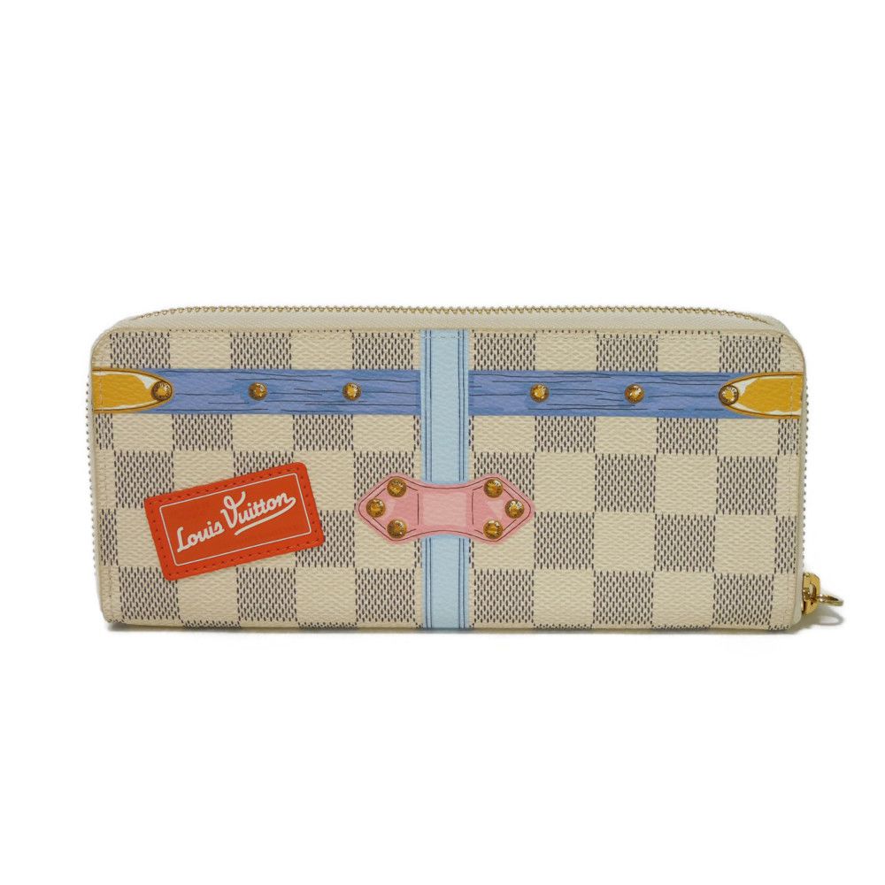 LOUIS VUITTON Long Wallet Purse N60109 Damier Azul Canvas (LV Trunk Print) x Grain Leather Rose valerine LV logo trompe l'oeil Damier As Summer Trunk Portefeuille Clemence Women