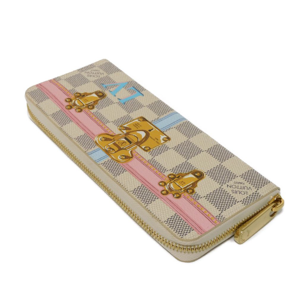 LOUIS VUITTON Long Wallet Purse N60109 Damier Azul Canvas (LV Trunk Print) x Grain Leather Rose valerine LV logo trompe l'oeil Damier As Summer Trunk Portefeuille Clemence Women