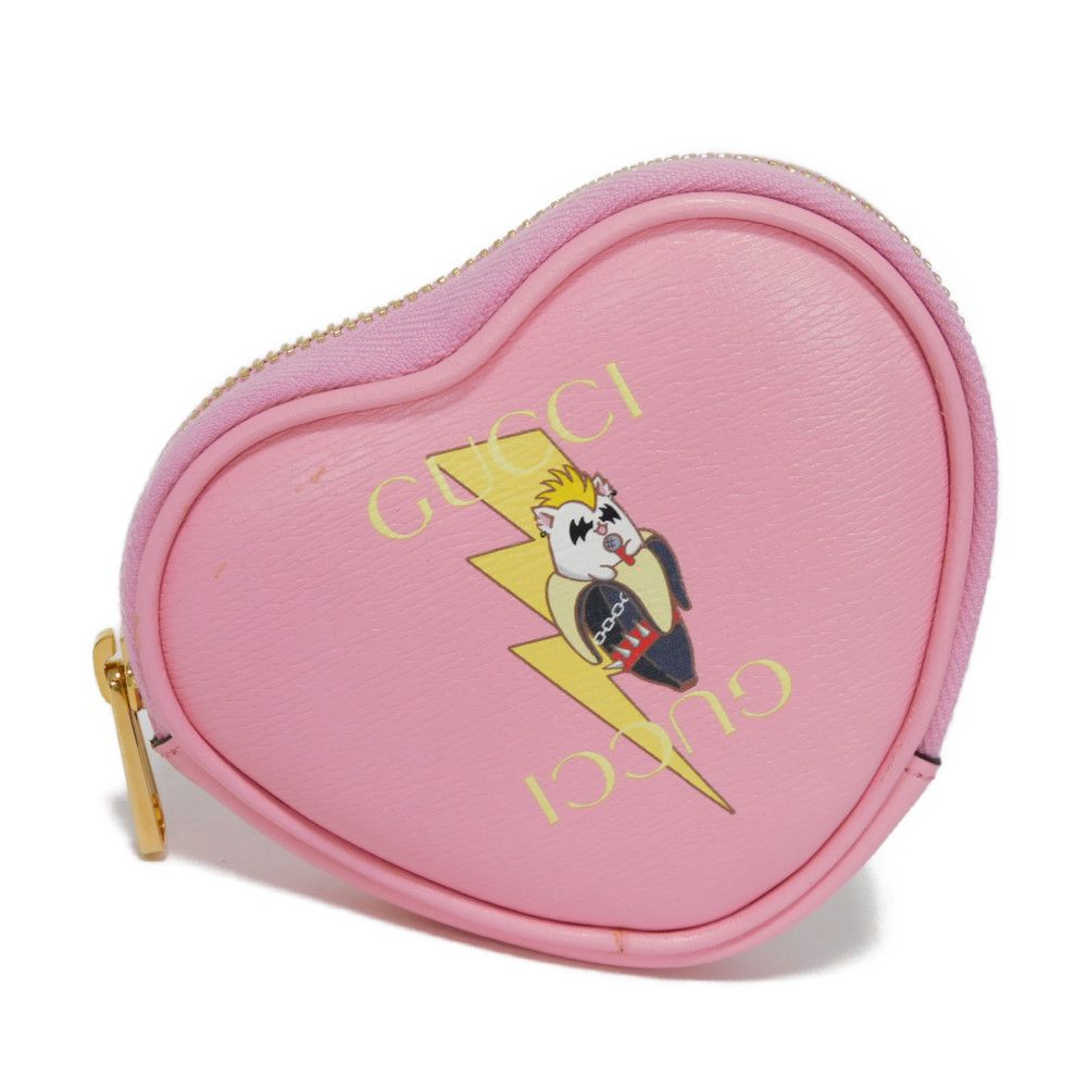 GUCCI Coin case 701062 U22AG 5964 Textured leather Light pink Banana Bolt Inazuma Unused logo Bananya Heart Shape Coin Case unisex(Unisex)