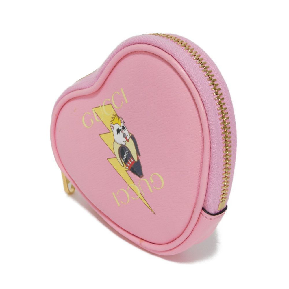 GUCCI Coin case 701062 U22AG 5964 Textured leather Light pink Banana Bolt Inazuma Unused logo Bananya Heart Shape Coin Case unisex(Unisex)