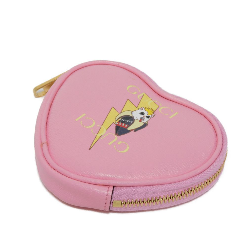 GUCCI Coin case 701062 U22AG 5964 Textured leather Light pink Banana Bolt Inazuma Unused logo Bananya Heart Shape Coin Case unisex(Unisex)