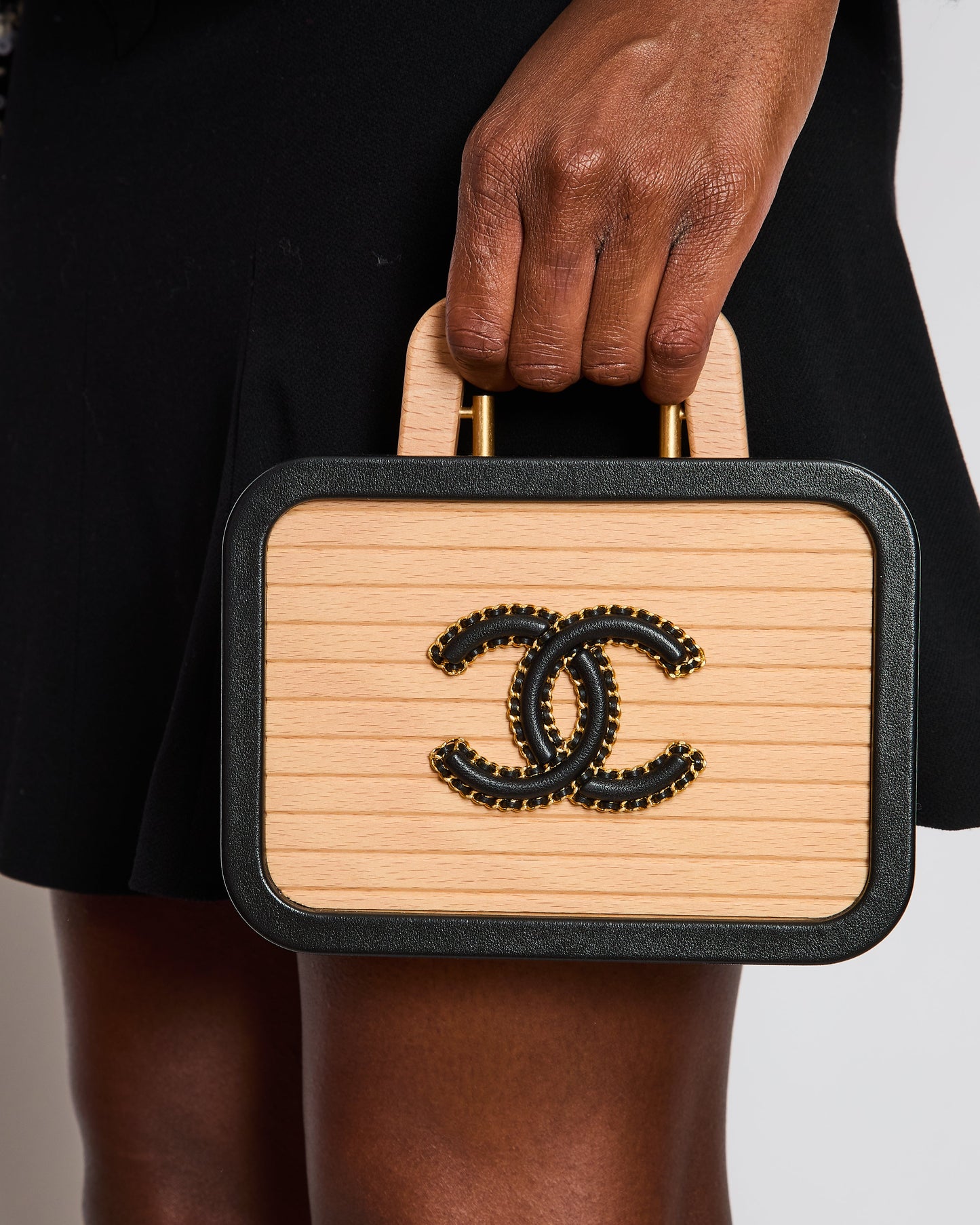 Chanel Brown Wooden Vanity Case Bag with Black CC Leather Chain Logo