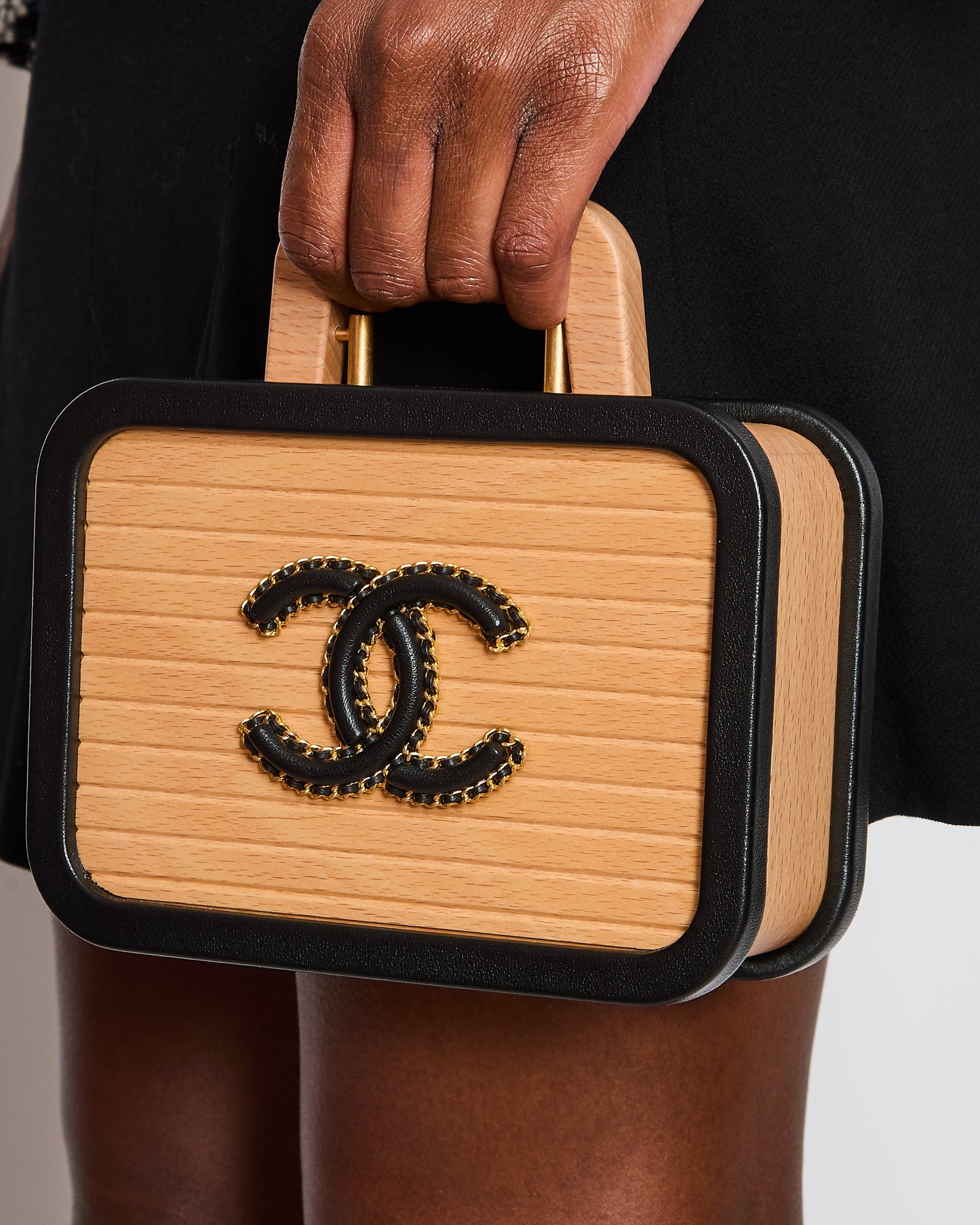 Chanel Brown Wooden Vanity Case Bag with Black CC Leather Chain Logo