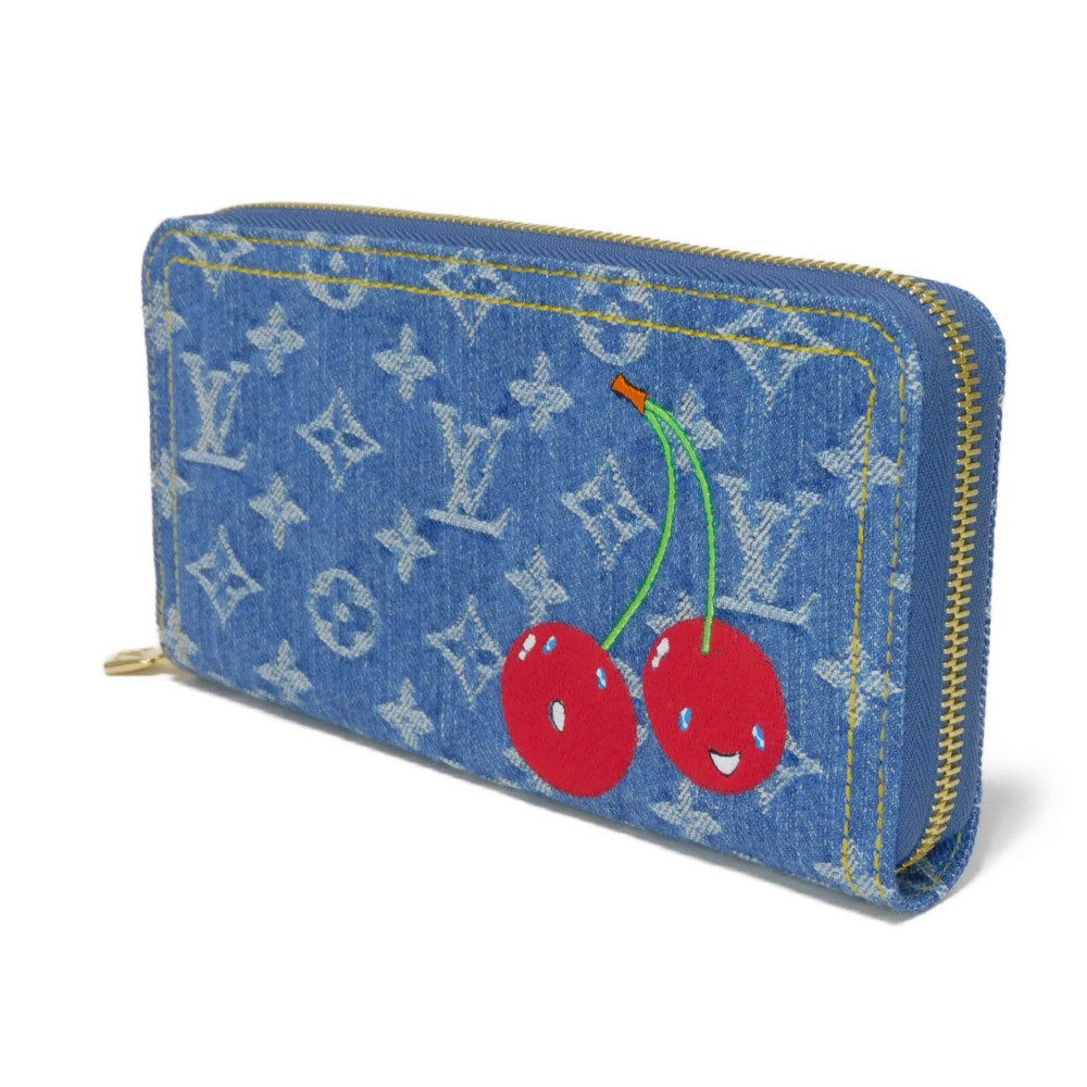 LOUIS VUITTON Long Wallet Purse M23161 Monogram denim canvas and grained leather blue Takashi Murakami LV logo flower cherry RFID unused Monogram Denim Cherry LVxTM Zippy Wallet unisex(Unisex)