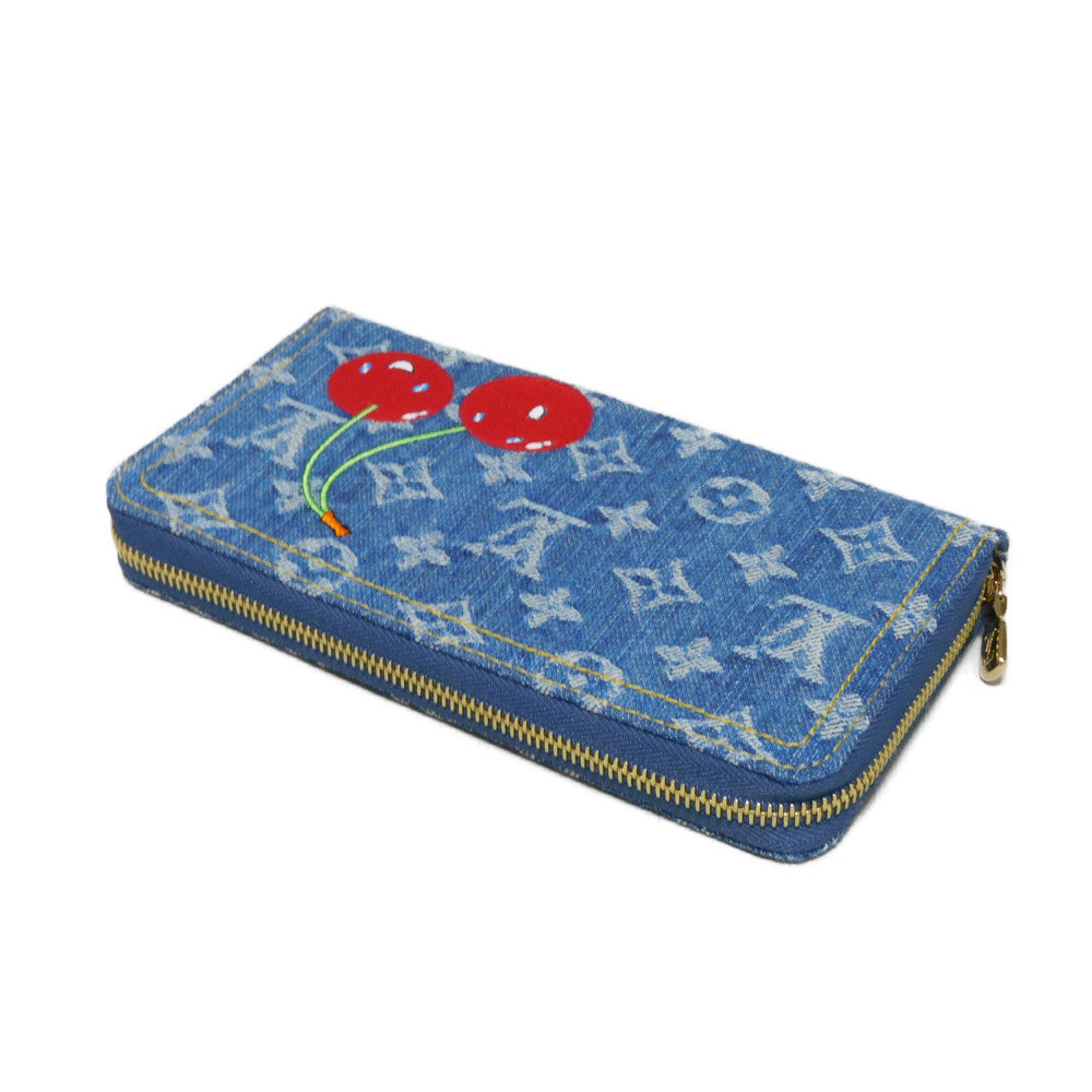 LOUIS VUITTON Long Wallet Purse M23161 Monogram denim canvas and grained leather blue Takashi Murakami LV logo flower cherry RFID unused Monogram Denim Cherry LVxTM Zippy Wallet unisex(Unisex)