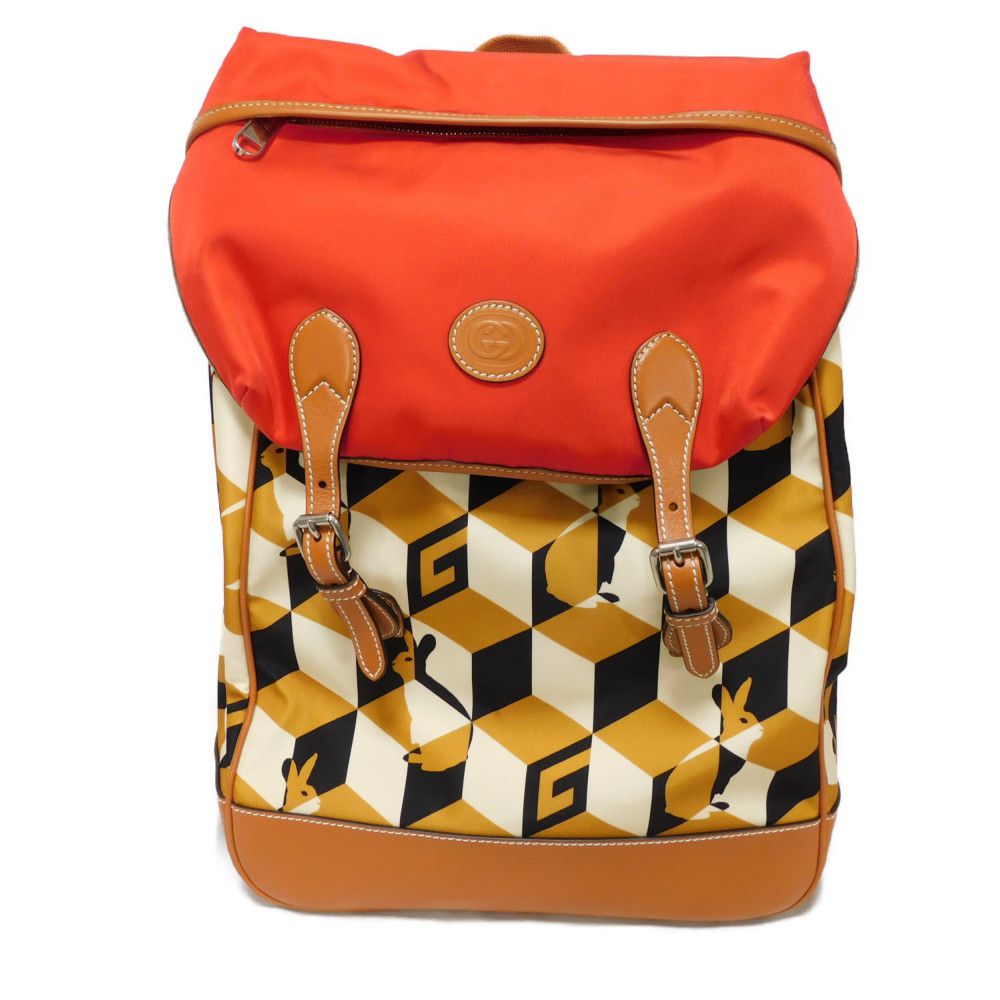 GUCCI Backpack 696013 Nylon x Calfskin Brown G logo rabbit red Interlocking G Lybit Nylon Daypack mens