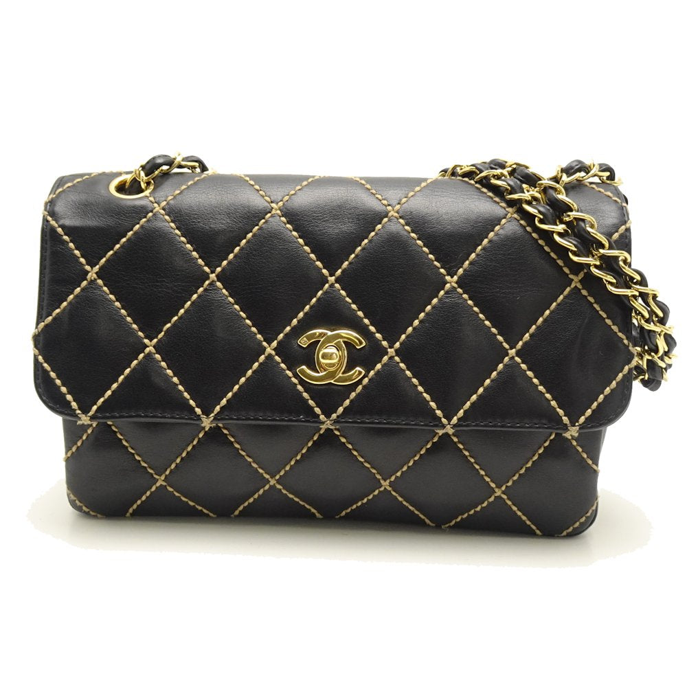 Chanel Chain Shoulder Bag Wild Stitch Leather Black