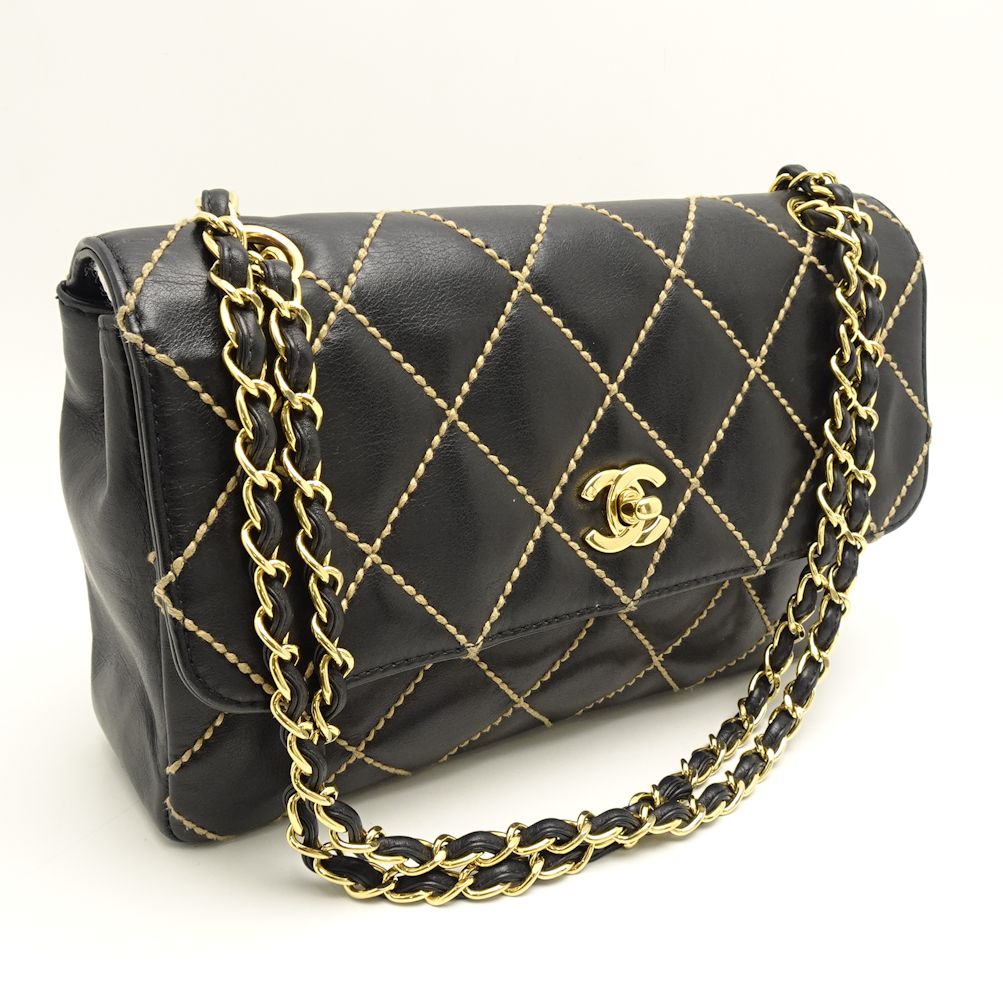 Chanel Chain Shoulder Bag Wild Stitch Leather Black