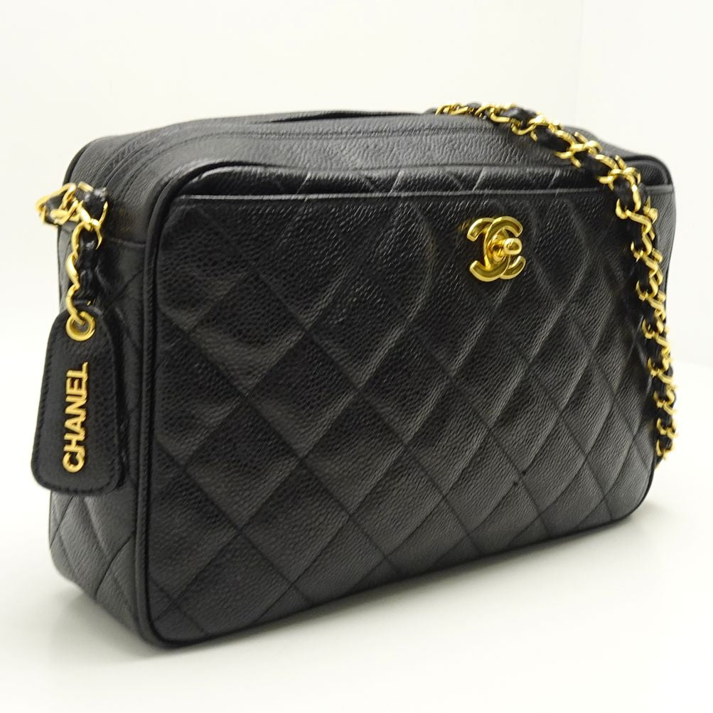 Chanel Matelasse Chain Shoulder Bag Diagonal Caviar Skin Black