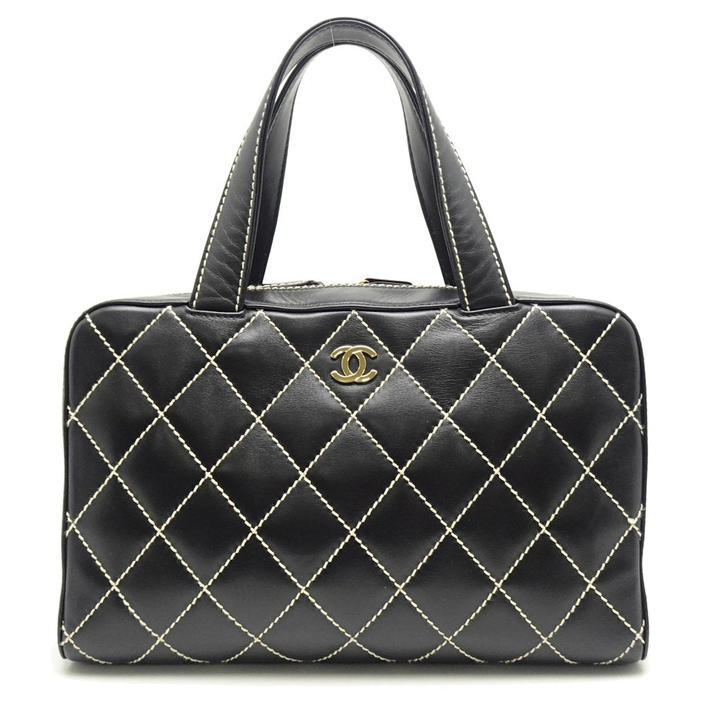 Chanel Mini Boston Bag Handbag Wild Stitch Lambskin Black