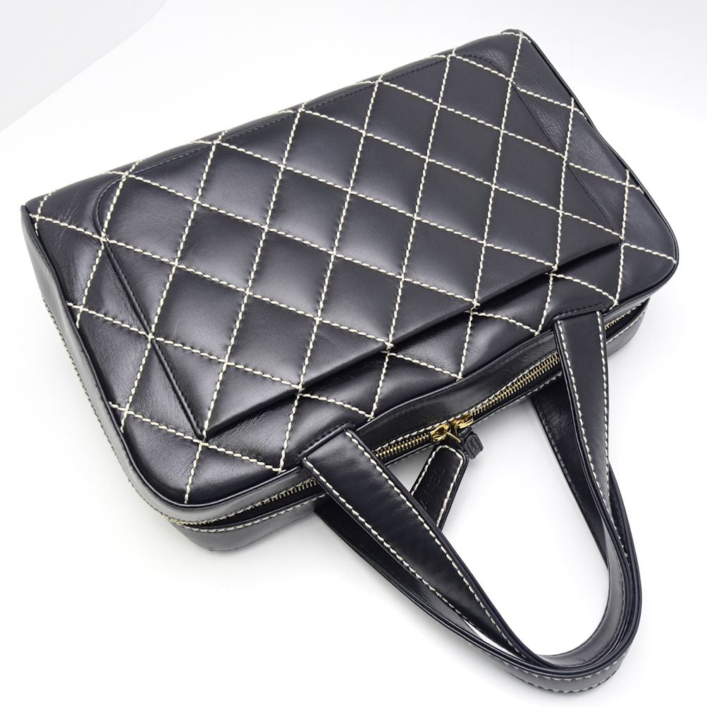 Chanel Mini Boston Bag Handbag Wild Stitch Lambskin Black