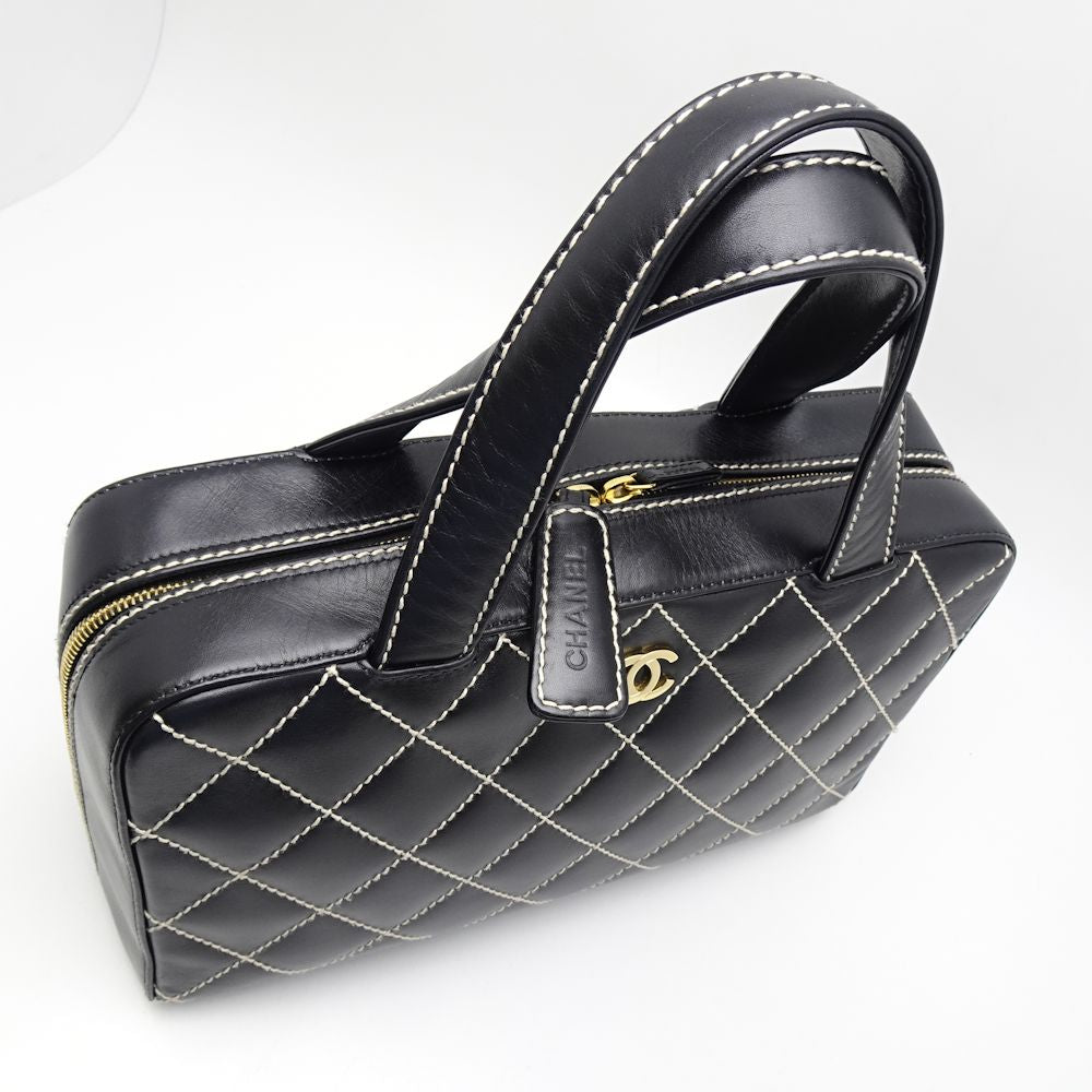 Chanel Mini Boston Bag Handbag Wild Stitch Lambskin Black