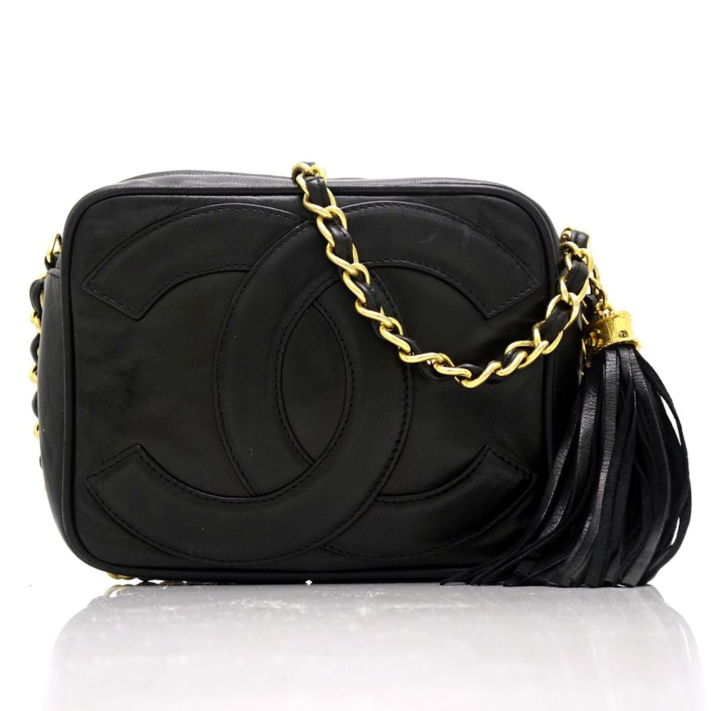 Chanel Chain Shoulder Bag Crossbody Leather Black Fringe