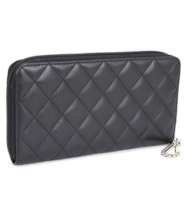 Chanel Cambon Round Fastener Long Wallet Black Leather