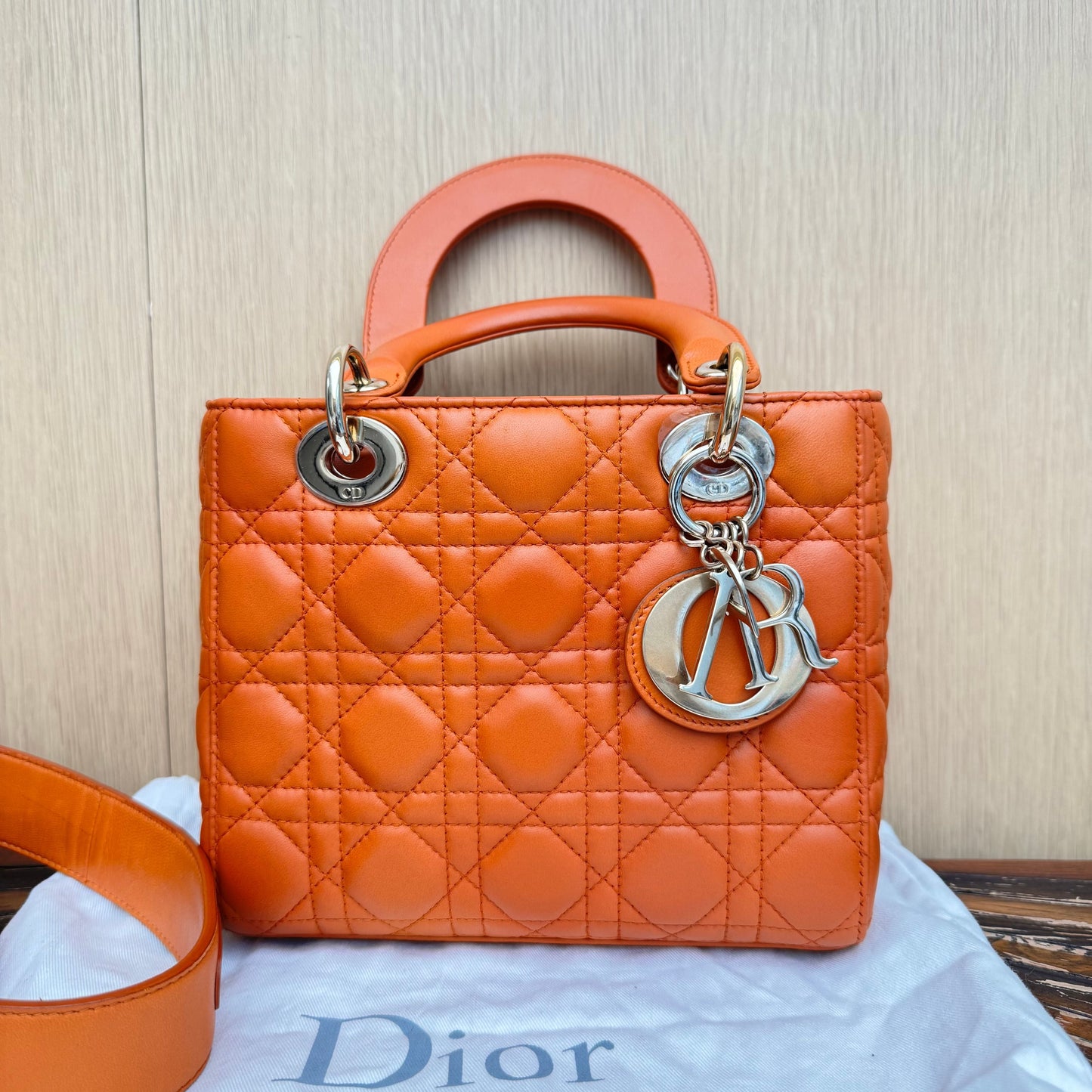 CHRISTIAN DIOR Lambskin Cannage Small Lucky Badges My Lady Dior Orange 3305