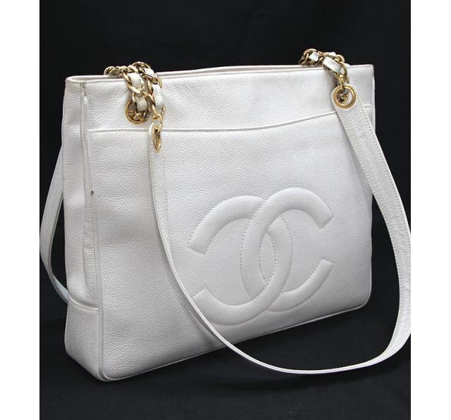 Chanel Dekakoko Mark Chain Shoulder Tote Bag Caviar White