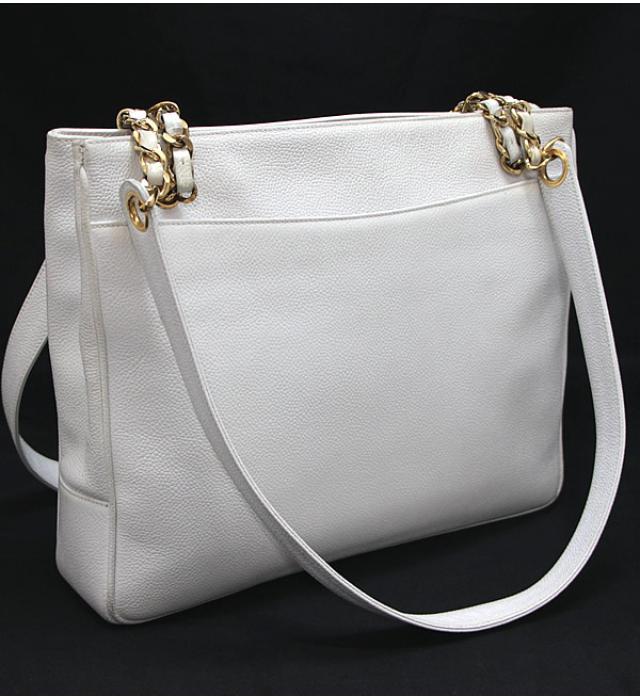 Chanel Dekakoko Mark Chain Shoulder Tote Bag Caviar White