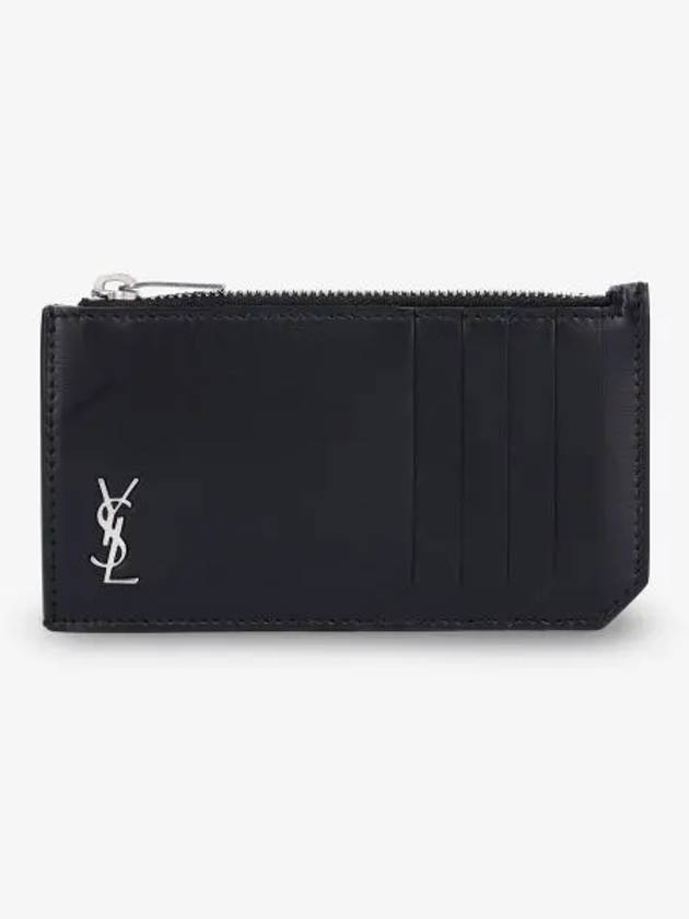 Luxury Saint Laurent Trending 2025 Tiny Cassandre Fragments Silver Hardware Leather Zipper Card Wallet Black
