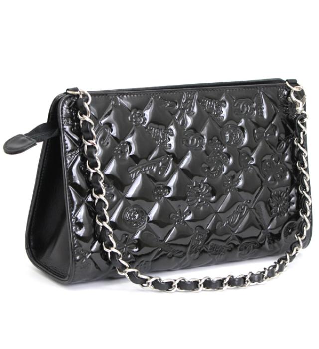 Chanel Matelasse Icon Chain Handbag Pouch Patent Black