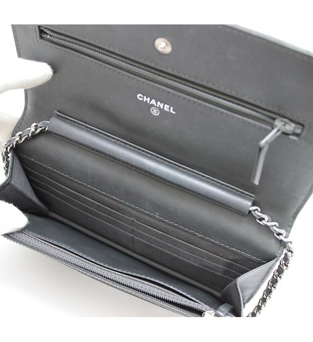 Chanel Matelasse Chain Wallet SV Metal Fittings Patent Black
