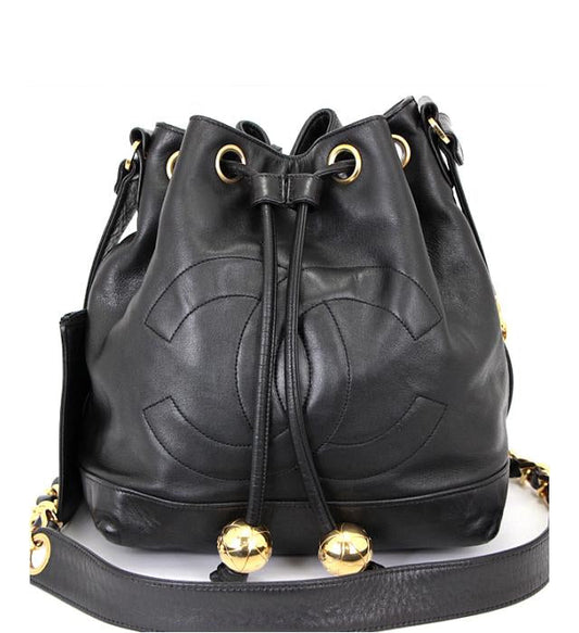Chanel Drawstring Purse Chain Shoulder Lamb Black