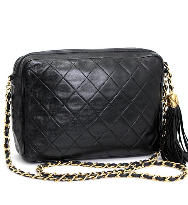 Chanel Matelasse Chain Shoulder Bag Fringe Black Leather