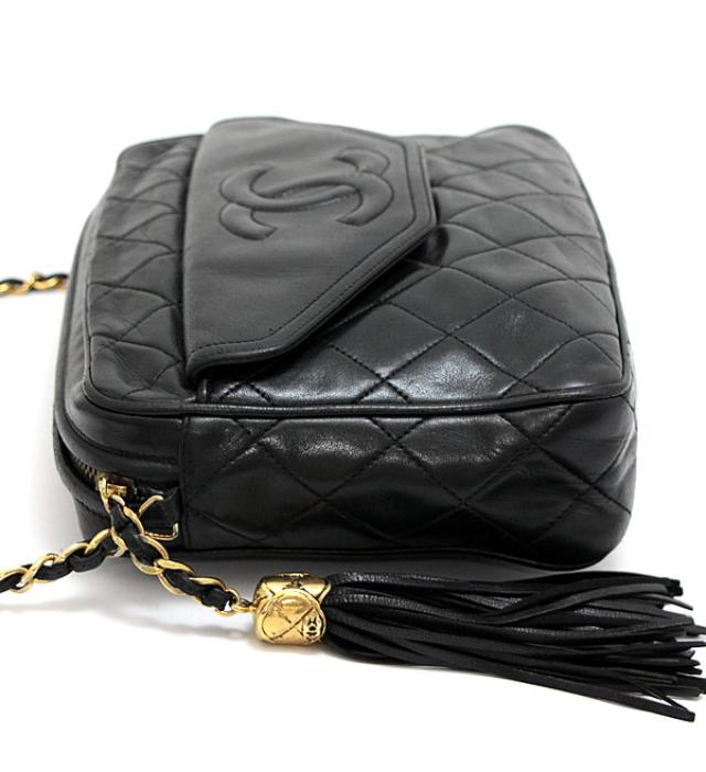 Chanel Matelasse Chain Shoulder Bag Fringe Black Leather