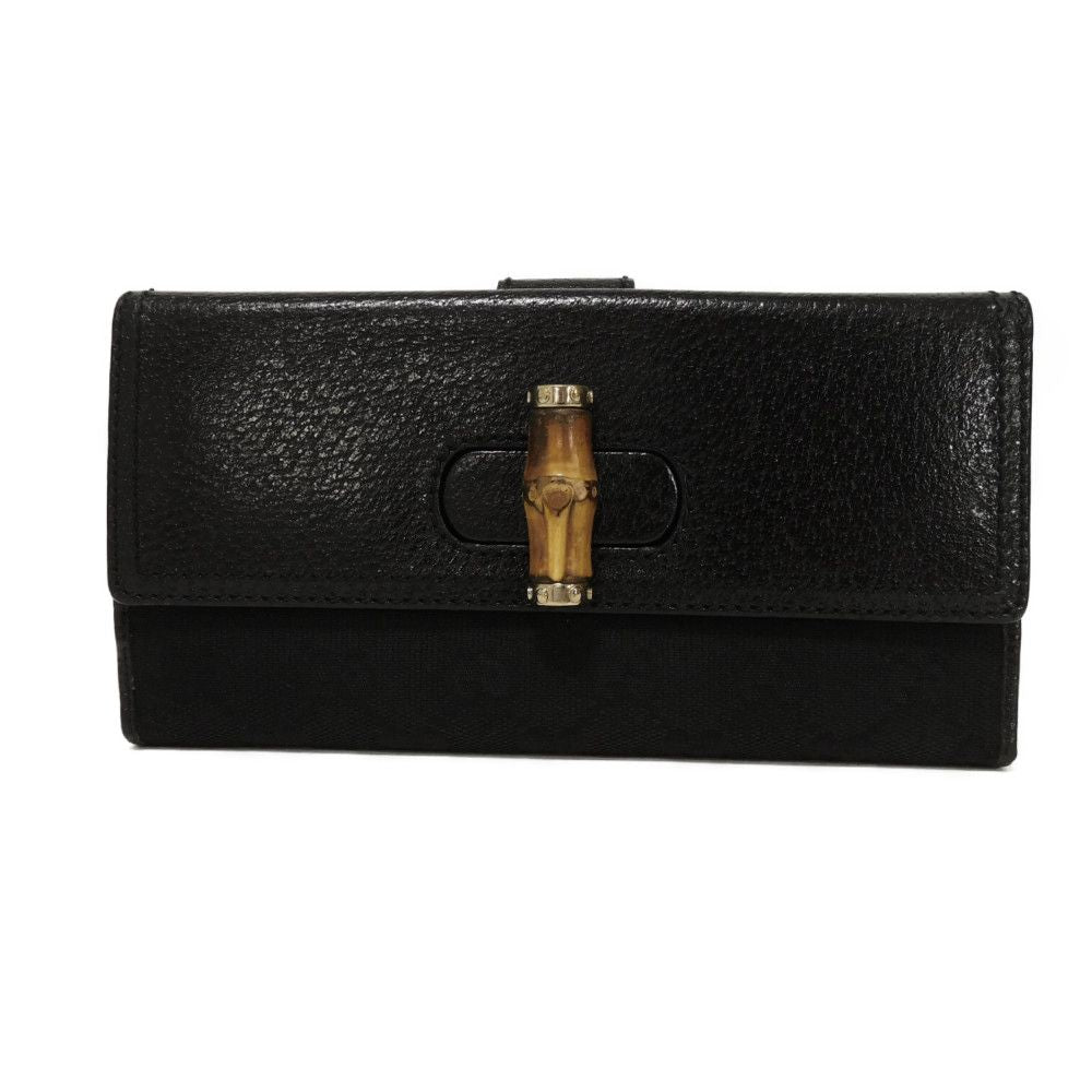 GUCCI Long Wallet Purse 137374 GG canvas x calf leather black Long flap wallet GG canvas Bamboo Turnlock Continental Wallet unisex(Unisex)