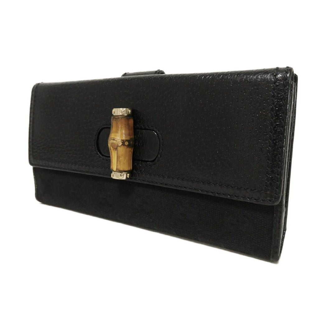 GUCCI Long Wallet Purse 137374 GG canvas x calf leather black Long flap wallet GG canvas Bamboo Turnlock Continental Wallet unisex(Unisex)
