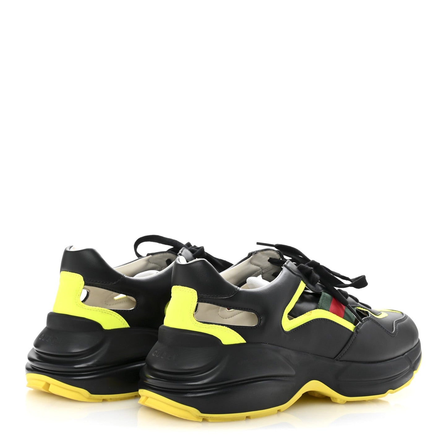 Gucci Demetra Web Mens Rhyton Cut Out Sneakers 10 Black Yellow Fluo