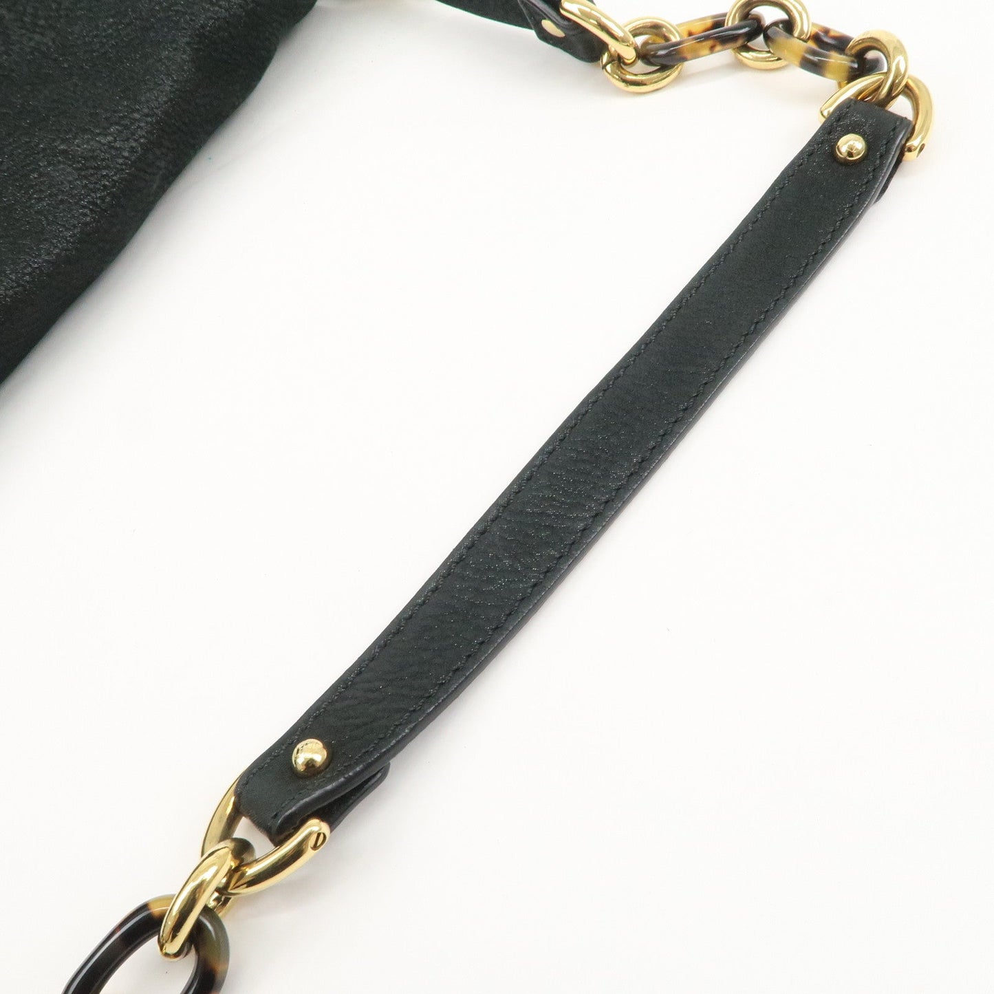 FENDI Mamma Baguette Leather Chain Shoulder Bag Gold Black 8BR638