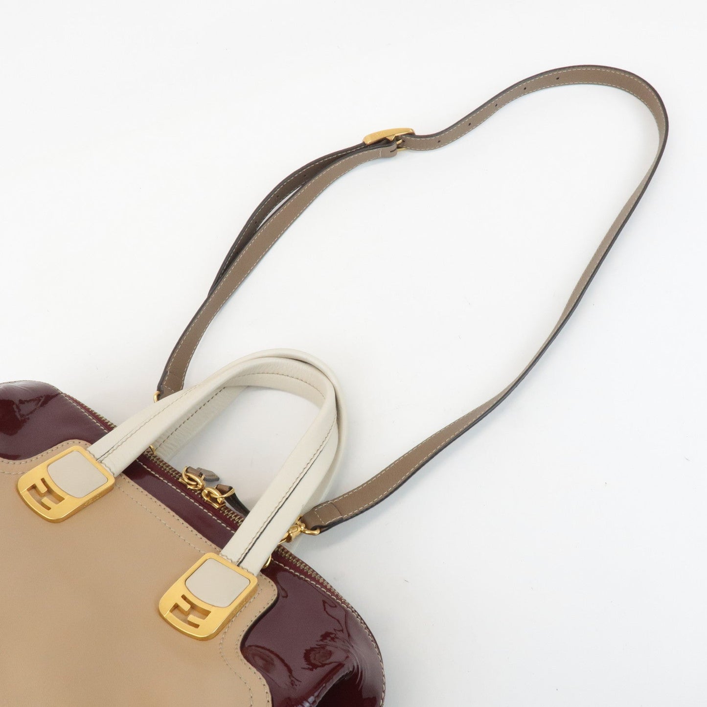 FENDI Chameleon Leather 2WAY Bag Hand Bag Beige Bordeaux 8BL114