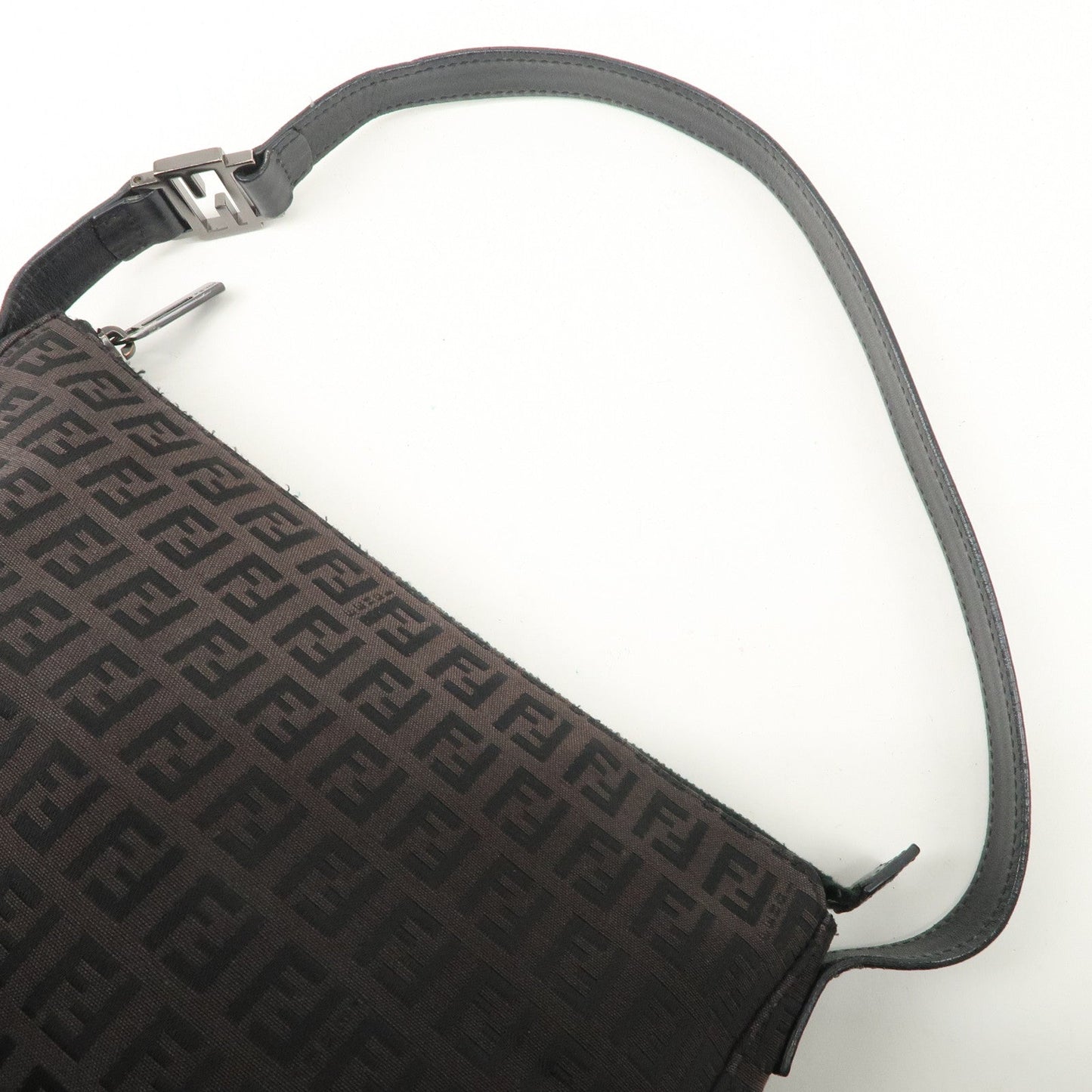 FENDI Zucchino Canvas Leather Shoulder Bag Dark Brown 8BR444